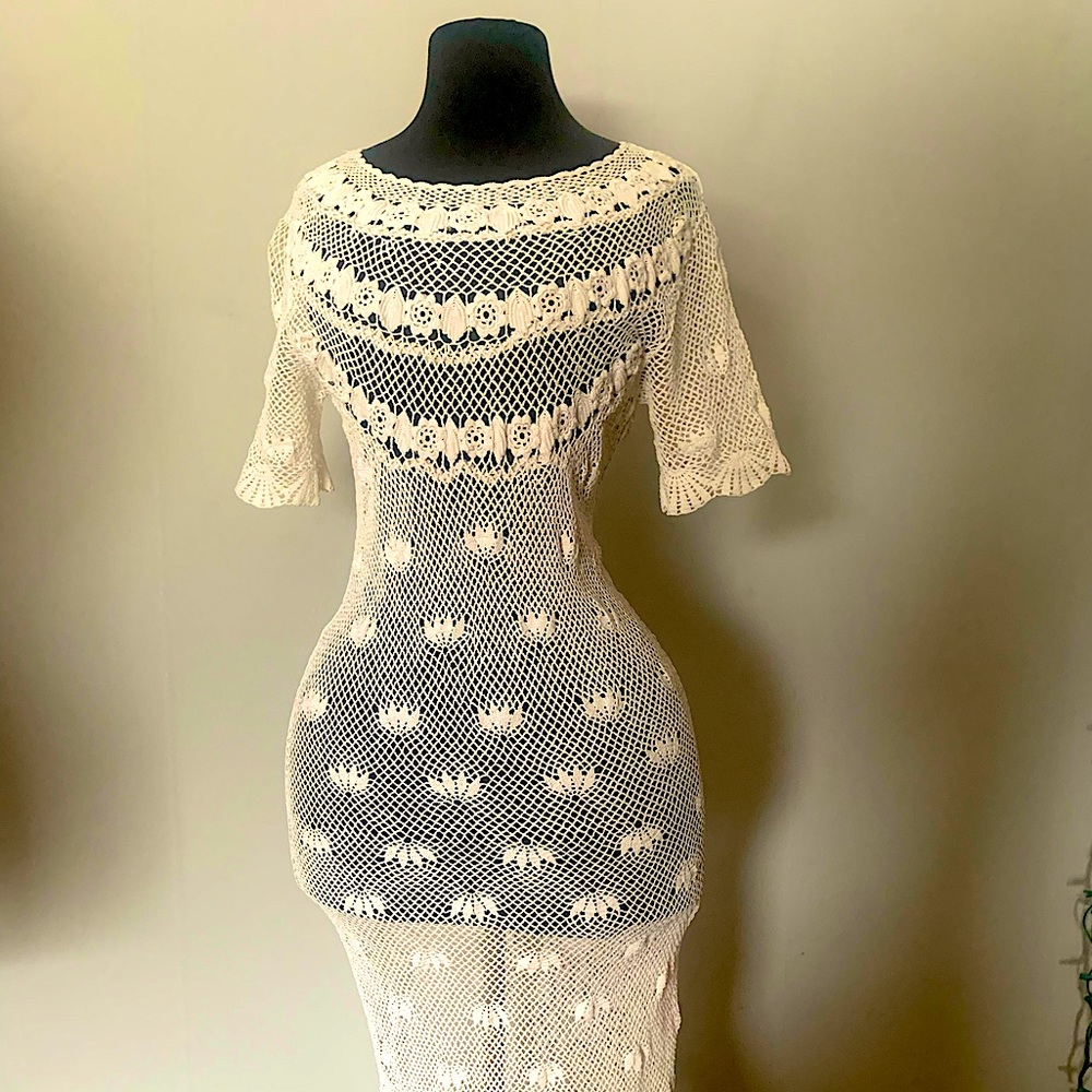 Vintage hand crochet ecru below knee cotton womans dress